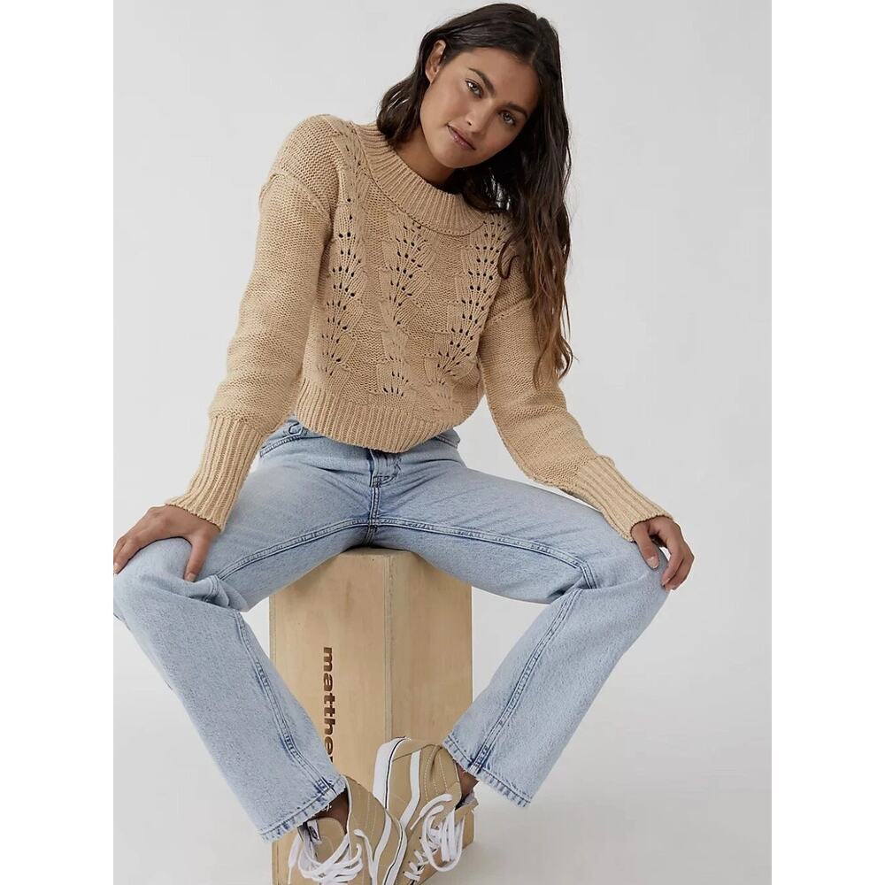 Free People Bell Song Pullover Crop Sweater Long Sleeves Tan Size L NWT
